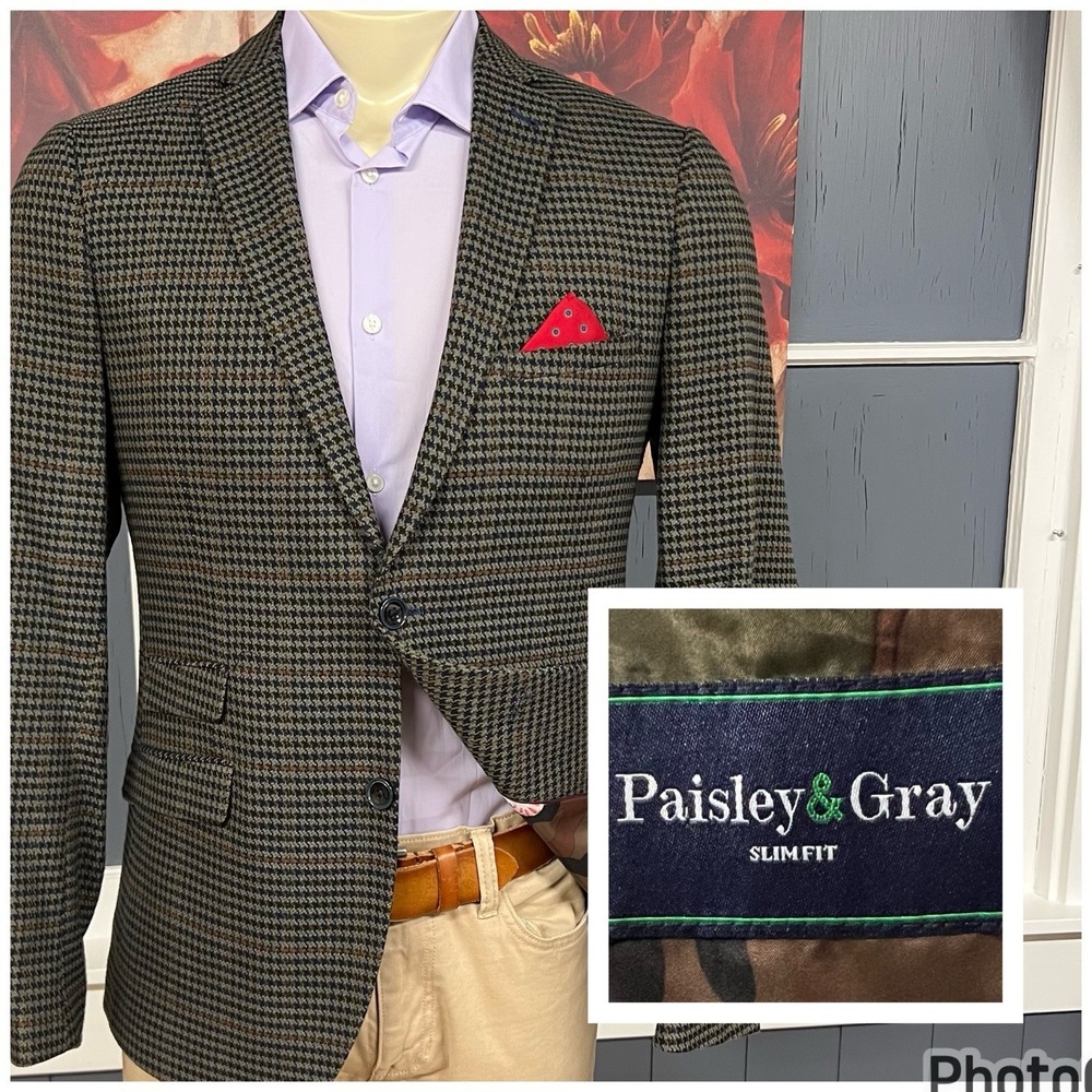 Paisley & Gray Knit Blazer Mens 40R Slim Fit‎ Polyester Olive/Navy/Black/Orange